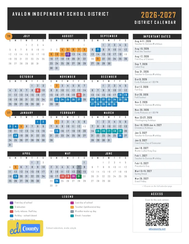 Avalon Independent School District printable 2026-27 calendar