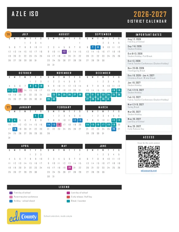 Azle ISD printable 2026-27 calendar