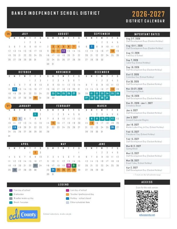 BANGS INDEPENDENT SCHOOL DISTRICT printable 2026-27 calendar
