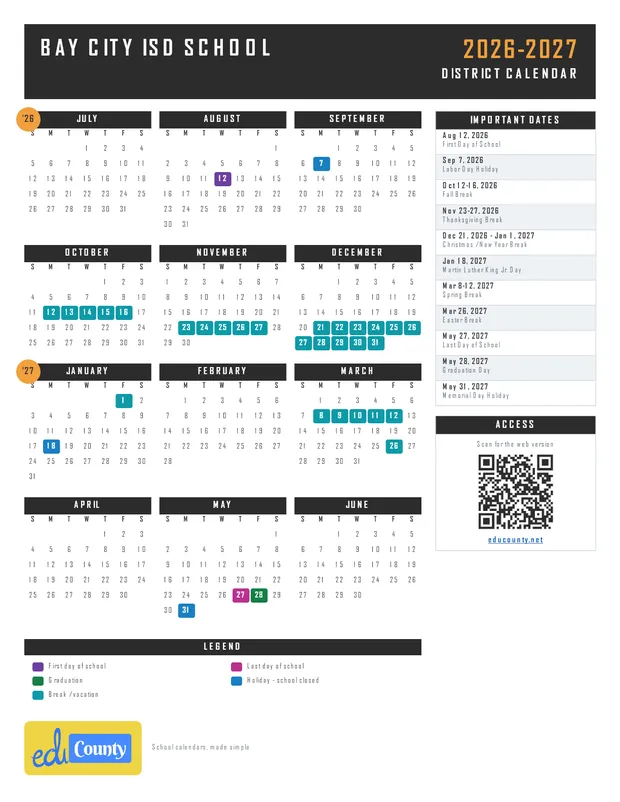 Bay City Isd School printable 2026-27 calendar