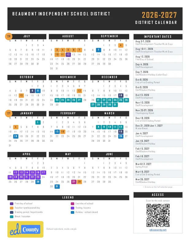 Beaumont Independent School District printable 2026-27 calendar
