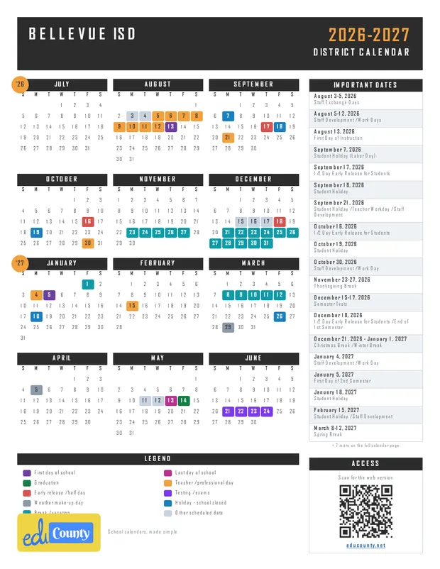 Bellevue ISD printable 2026-27 calendar