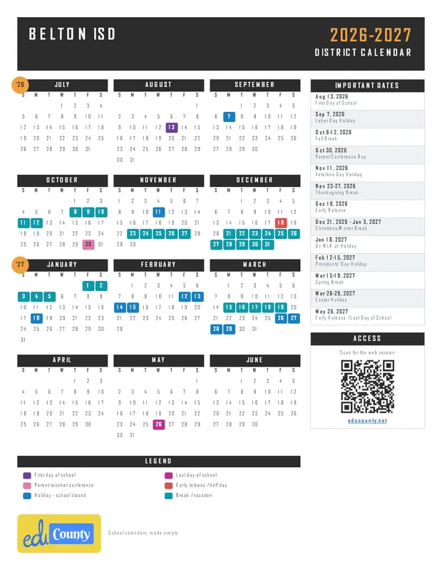 Belton ISD printable 2026-27 calendar