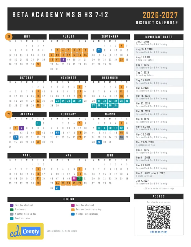 BETA ACADEMY MS & HS 7-12 printable 2026-27 calendar