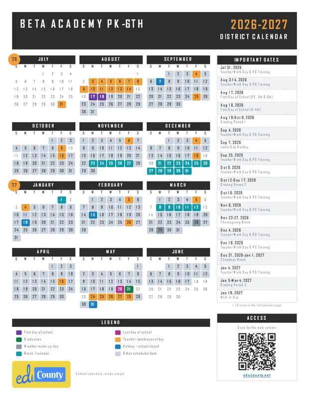 BETA ACADEMY PK-6TH printable 2026-27 calendar