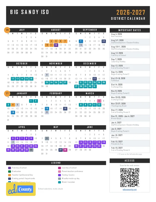 Big Sandy ISD printable 2026-27 calendar