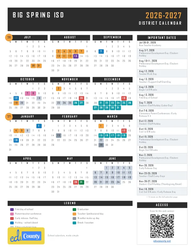 Big Spring ISD printable 2026-27 calendar