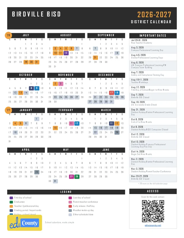 Birdville BISD printable 2026-27 calendar