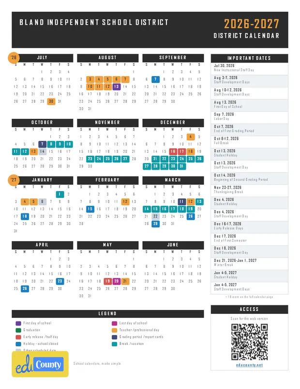 Bland Independent School District printable 2026-27 calendar