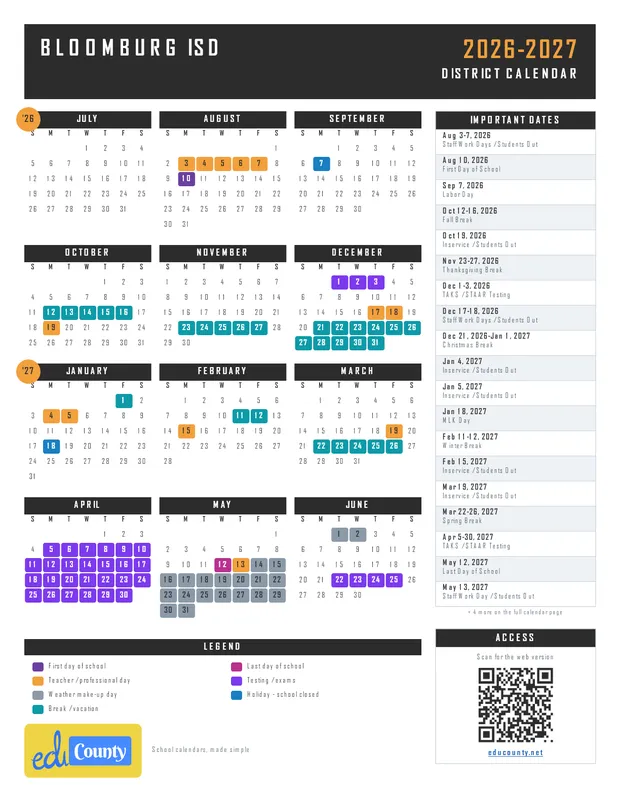 Bloomburg ISD printable 2026-27 calendar