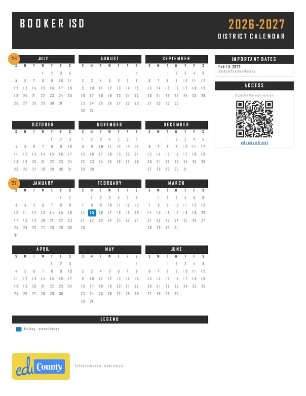 Booker ISD printable 2026-27 calendar