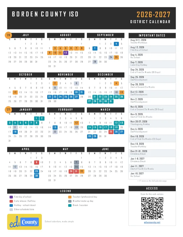 Borden County ISD printable 2026-27 calendar