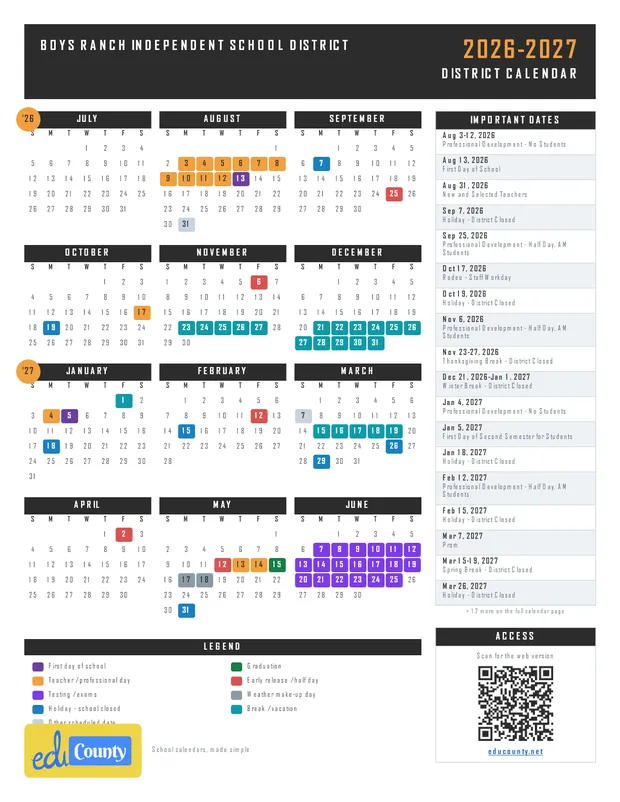 Boys Ranch Independent School District printable 2026-27 calendar