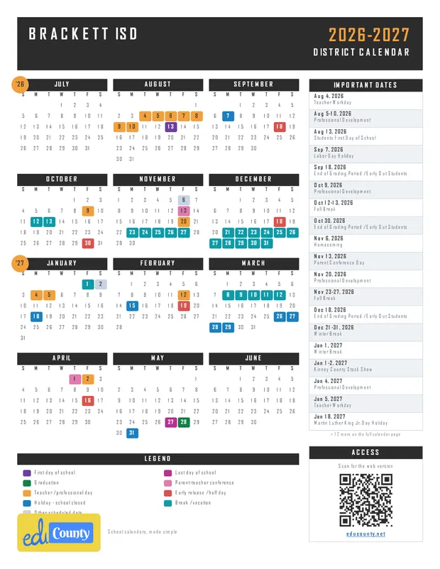 Brackett ISD printable 2026-27 calendar