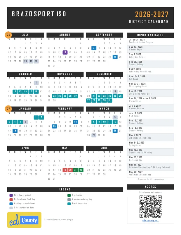 Brazosport ISD Independent School District printable 2026-27 calendar