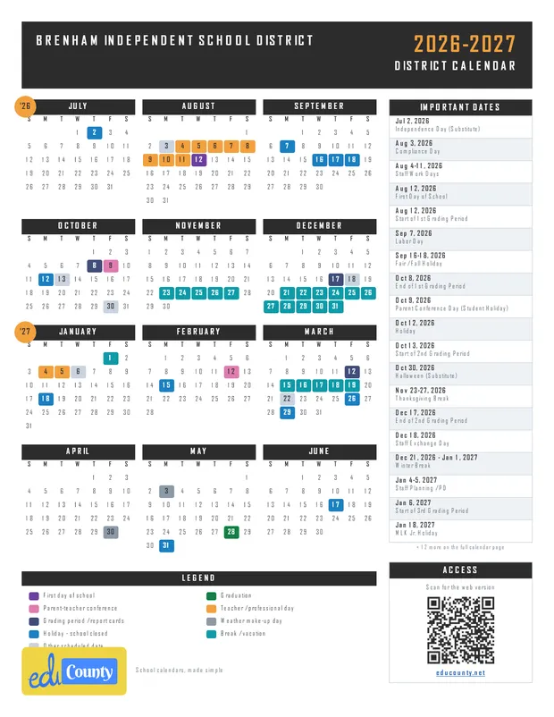 Brenham Independent School District printable 2026-27 calendar