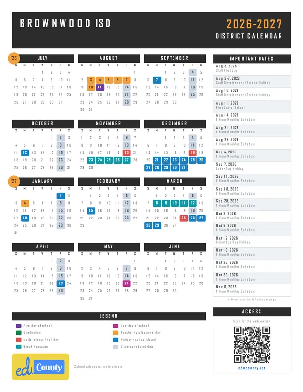 Brownwood ISD printable 2026-27 calendar