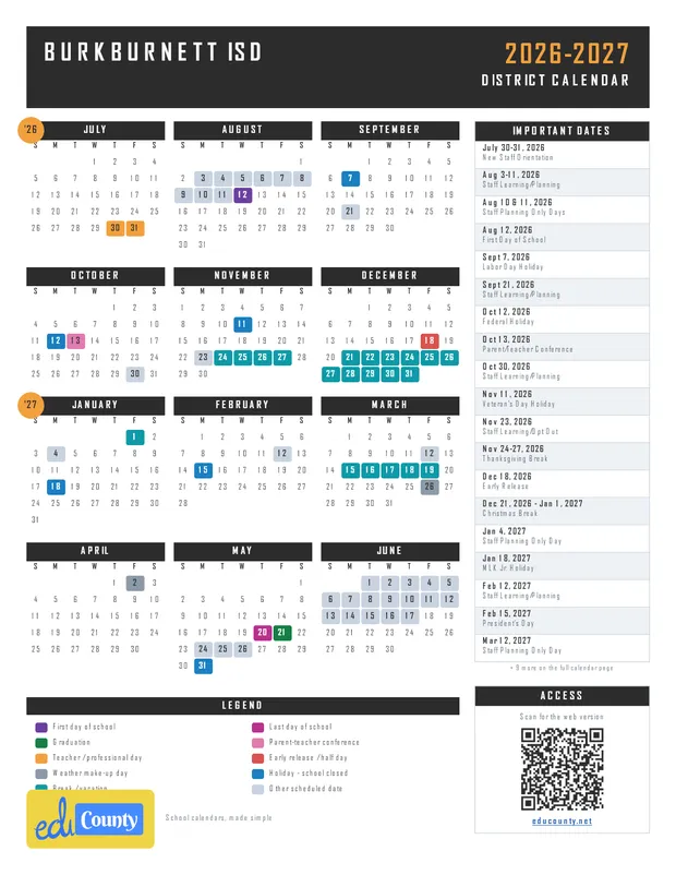 Burkburnett ISD Independent School District printable 2026-27 calendar