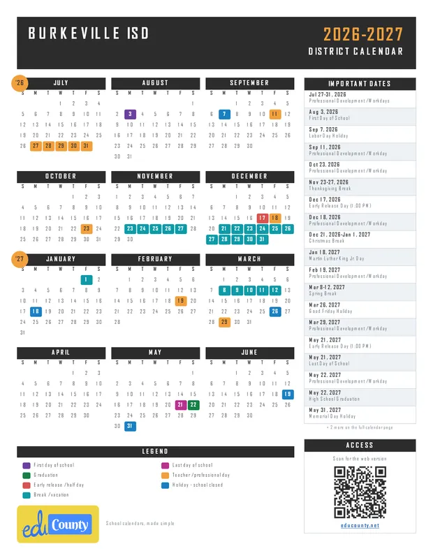 Burkeville ISD printable 2026-27 calendar