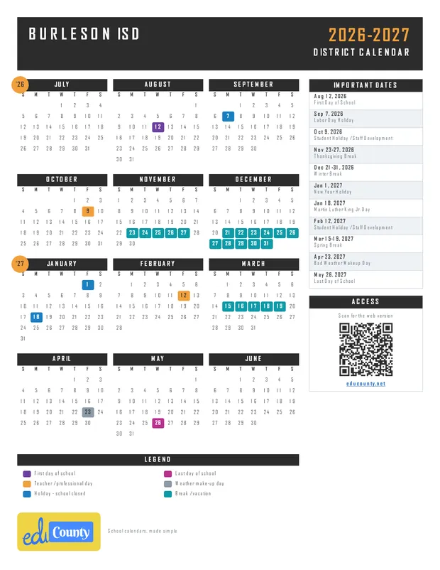 Burleson Isd Independent School District printable 2026-27 calendar
