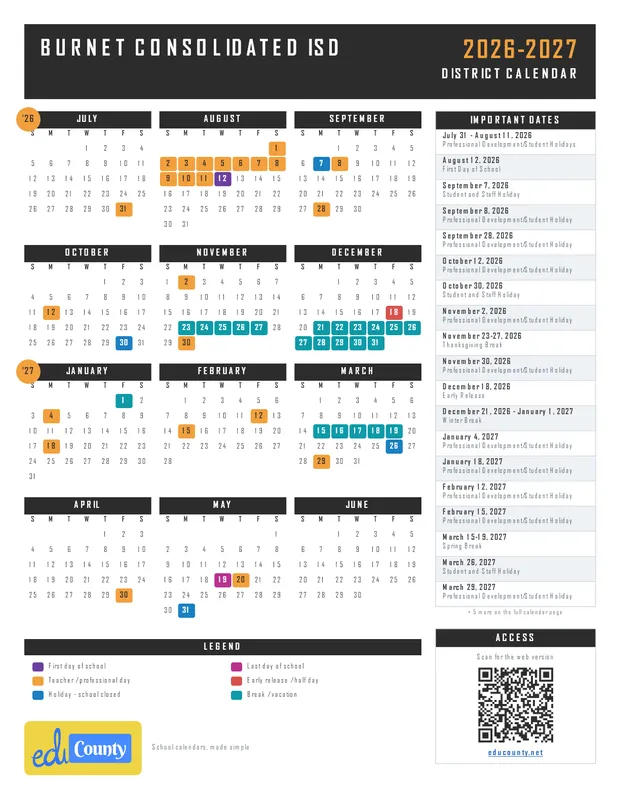 Burnet Consolidated ISD printable 2026-27 calendar
