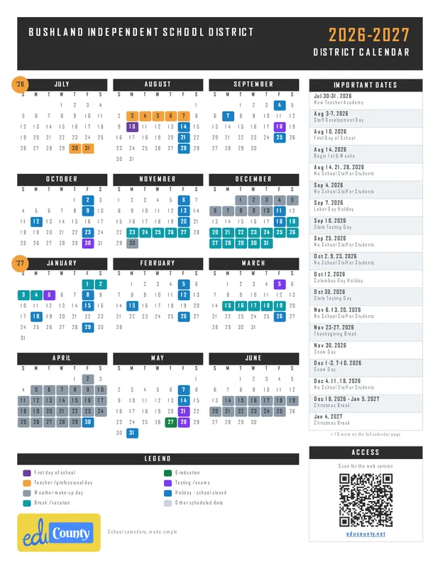 Bushland Independent School District printable 2026-27 calendar