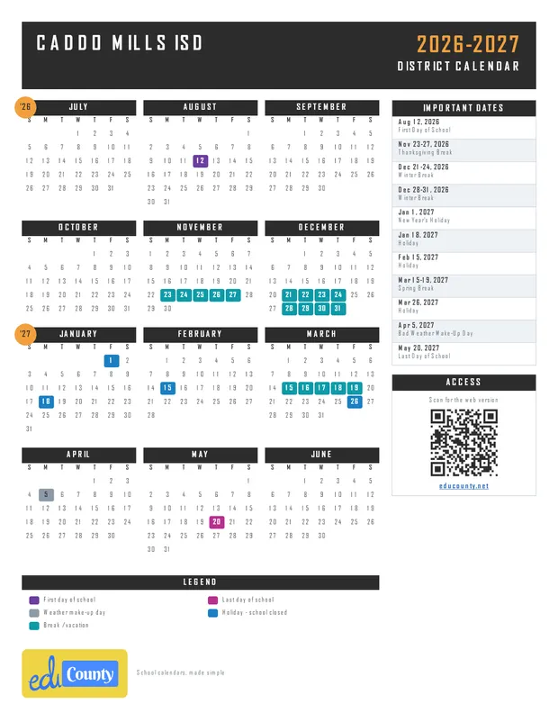 Caddo Mills ISD printable 2026-27 calendar