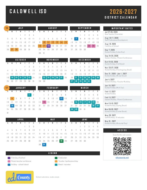 Caldwell ISD printable 2026-27 calendar
