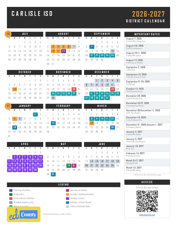 Carlisle ISD printable 2026-27 calendar