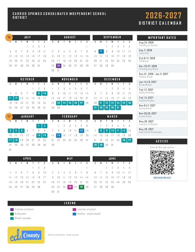 Carrizo Springs Consolidated Independent School District printable 2026-27 calendar