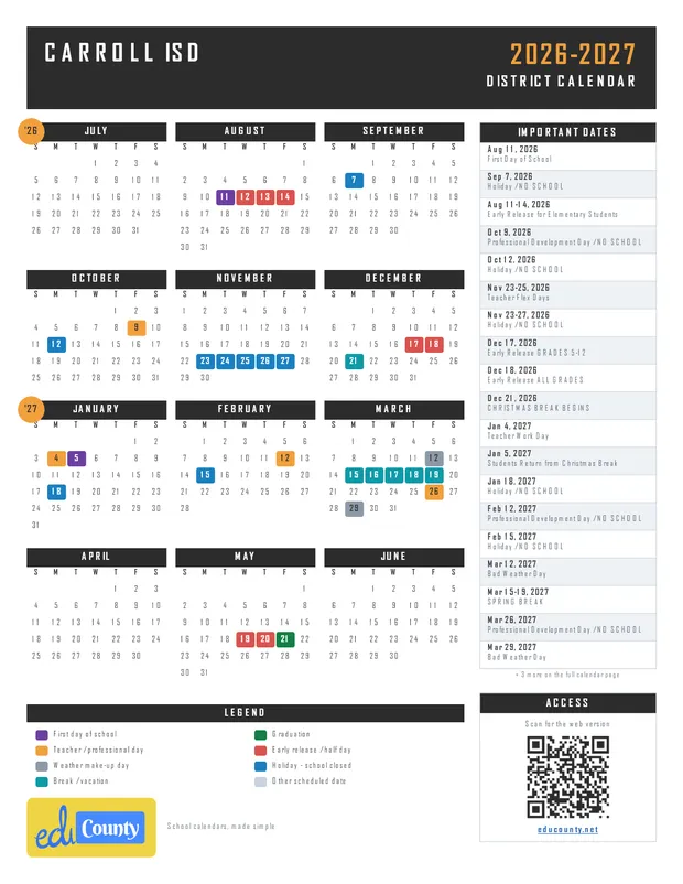 Carroll ISD printable 2026-27 calendar