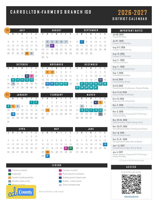 Carrollton-Farmers Branch ISD printable 2026-27 calendar