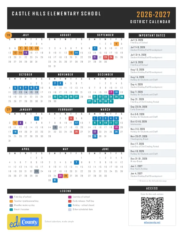 Castle Hills Elementary School printable 2026-27 calendar