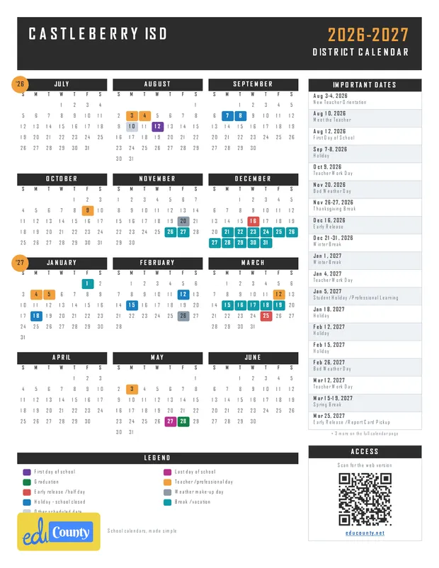 Castleberry ISD printable 2026-27 calendar