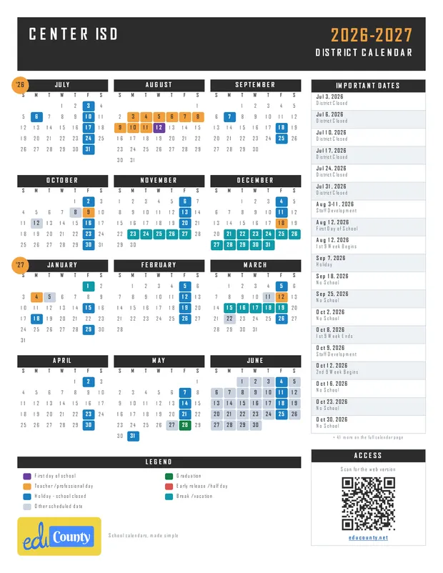 Center ISD printable 2026-27 calendar