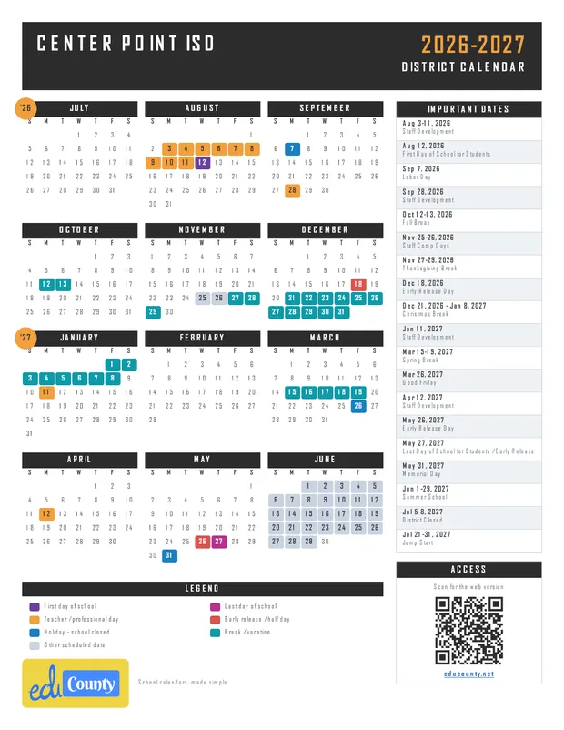 Center Point ISD printable 2026-27 calendar
