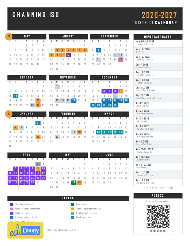 Channing ISD printable 2026-27 calendar
