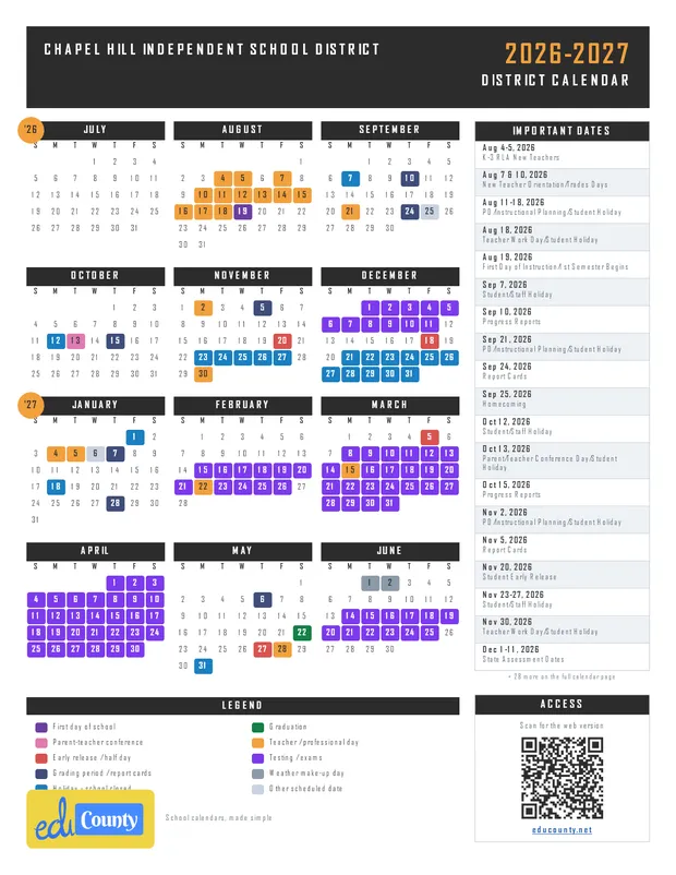 Chapel Hill Independent School District printable 2026-27 calendar