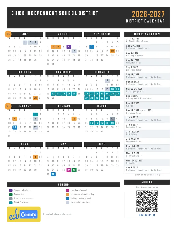 Chico Independent School District printable 2026-27 calendar