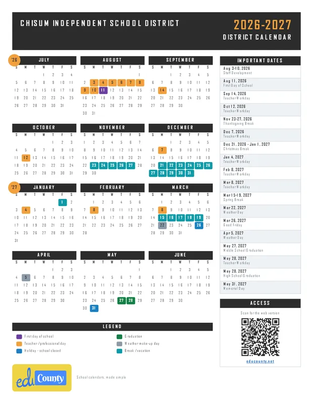 Chisum Independent School District printable 2026-27 calendar