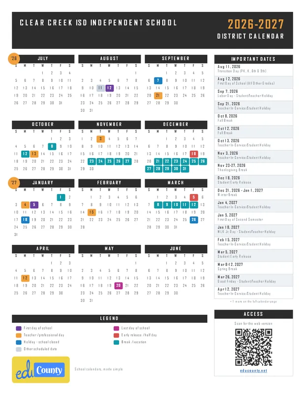 Clear Creek ISD Independent School printable 2026-27 calendar