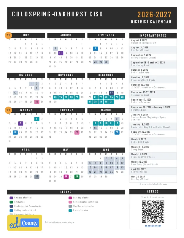 Coldspring-Oakhurst CISD printable 2026-27 calendar