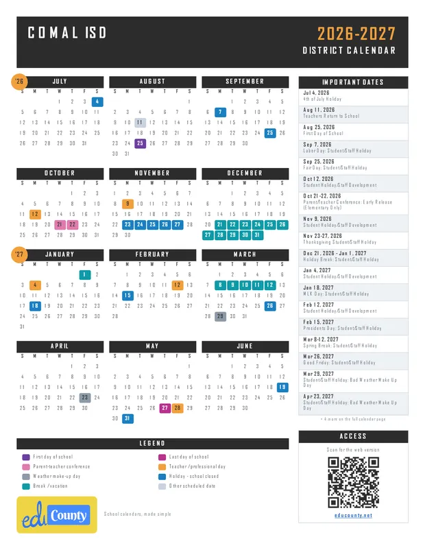 Comal ISD printable 2026-27 calendar