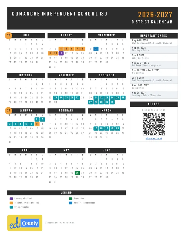 Comanche Independent School ISD printable 2026-27 calendar