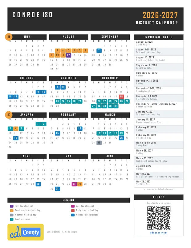 Conroe ISD Independent School District printable 2026-27 calendar