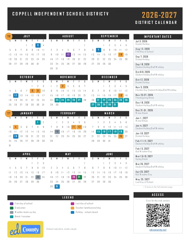 Coppell Independent School Districtv ISD printable 2026-27 calendar