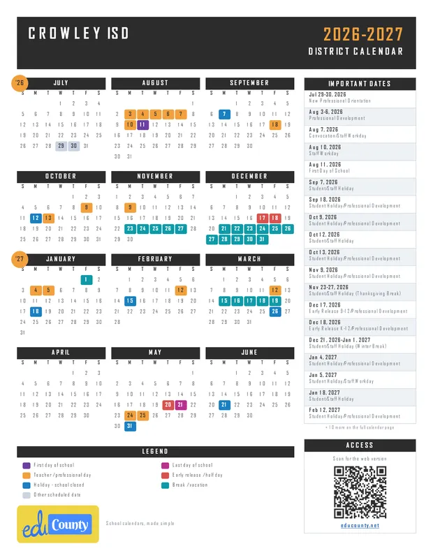 Crowley ISD printable 2026-27 calendar