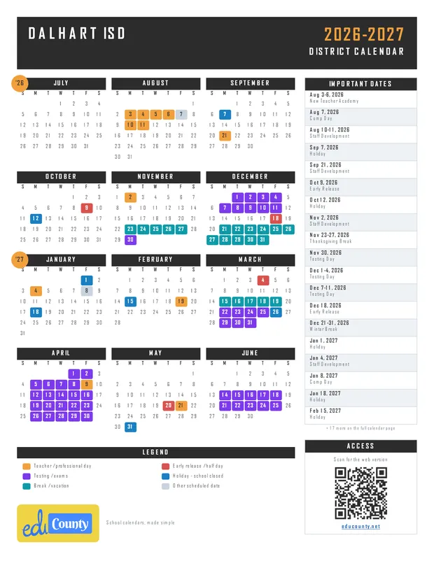 Dalhart ISD printable 2026-27 calendar