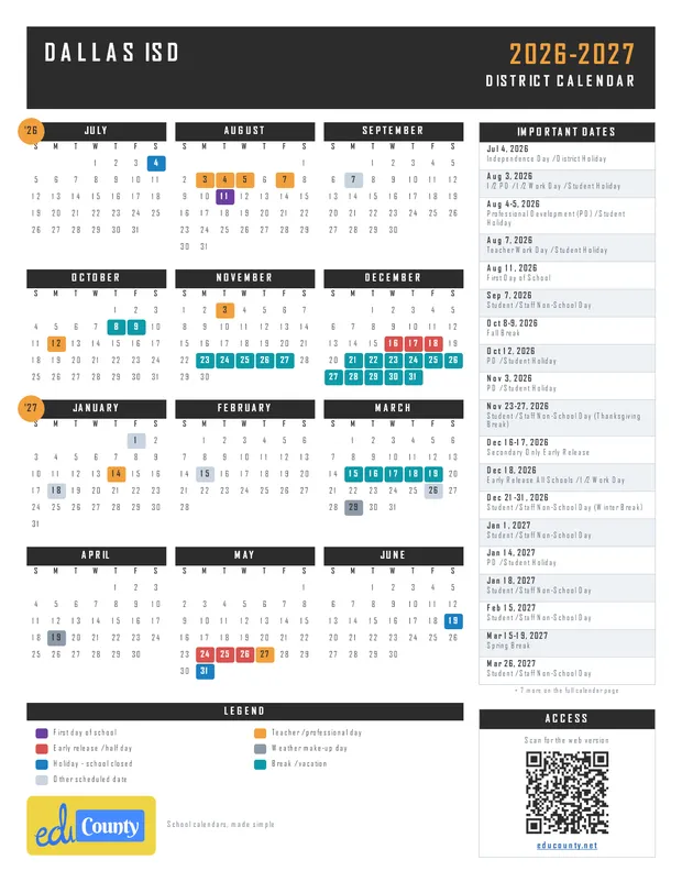 Dallas ISD Independent School District printable 2026-27 calendar
