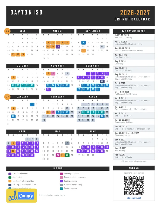 Dayton ISD printable 2026-27 calendar